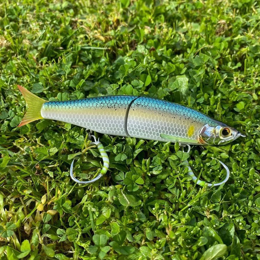 Swimbait équipé d'A6T's posé dans l'herbe